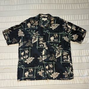Vintage Pierre Cardin black & green bamboo floral, 100% rayon shirt -  size XL